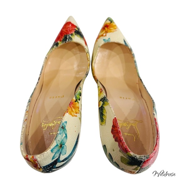 CHRISTIAN LOUBOUTIN Hawaii Crackled Calf Pigalle Pointy Toe Floral Heels SZ 38 - Picture 11 of 17